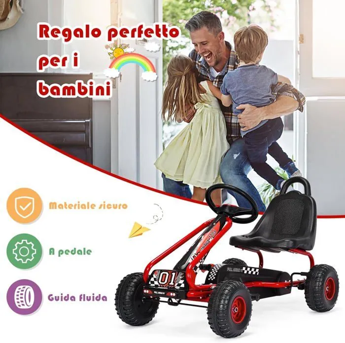 COSTWAY Kart à Pédales Vélo et Véhicule pour Enfants Siège Réglable avec Frein à Main pour l'Extérieur, 3-6 Ans, Rouge-3