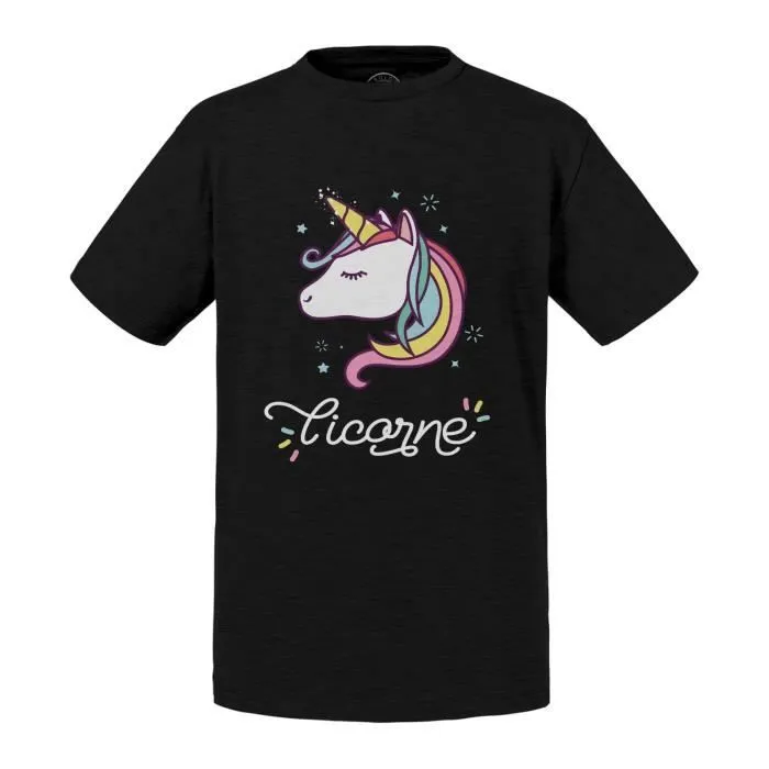 T-shirt Enfant Noir Licorne Arc en Ciel Mignon Cheval-0