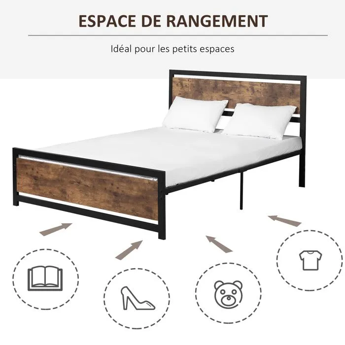 HOMCOM - Cadre du lit double - Acier - 167x208x103cm - Brun avec veinage, Noir-5