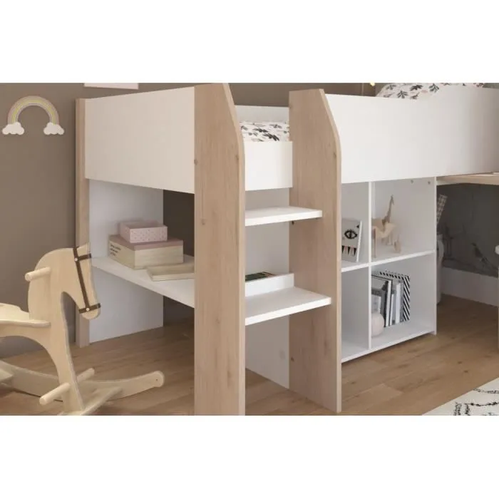 Lit combiné enfant avec bureau rétractable - PARISOT - LIAM - Blanc et chêne - Sommier inclus - 90x200 cm-7