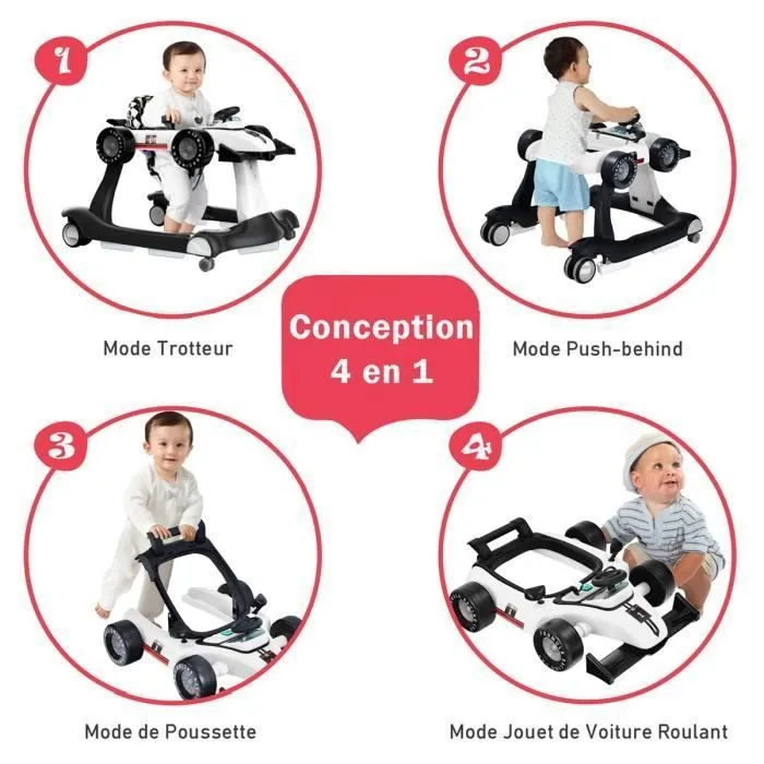 COSTWAY Trotteur Bébé Pliable Musical 4 en 1 Apparence de Voiture Pousseur Hauteur et Vitesse Réglables avec Lumière Volant Blanc-1