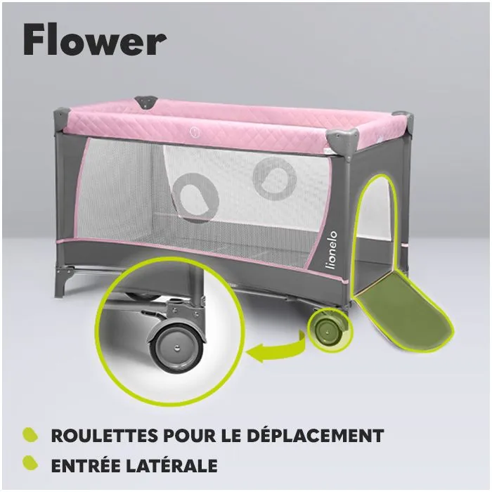 Lit parapluie compact 3en1 LIONELO Flower - Parc bébé - 0-36 mois - Sac de Transport - Pliage Rapide - Roulettes - Rose-3