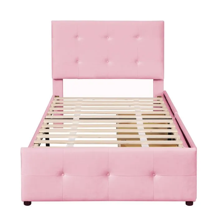 Lit capitonné - MODERNLUXE - 90x200cm - Velours rose - 2 tiroirs - Sommier à lattes-1