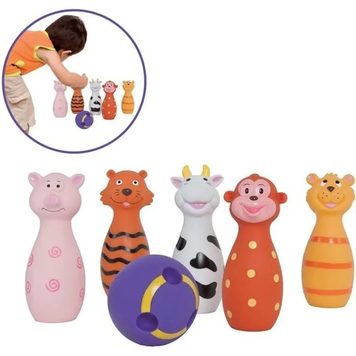 LUDI - Jeu de 5 quilles en forme d'animaux. Dès 10 mois. Plastique souple et résistant. Balle adaptée aux petites mains.-0