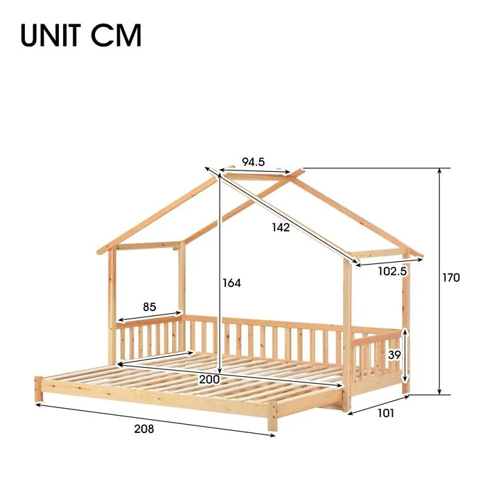 Lit Cabane Extensible,Lit Enfant - en Bois Massif - avec Barrière - 90*200 cm/180*200 cm- couleur bois naturel-5