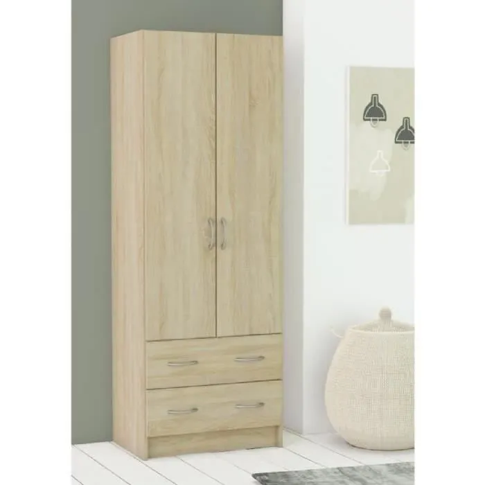 DEMEYERE Armoire - Décor chêne brossé - 2 portes et 2 tiroirs - Classique - Chambre - L 61 cm - DUAL-1