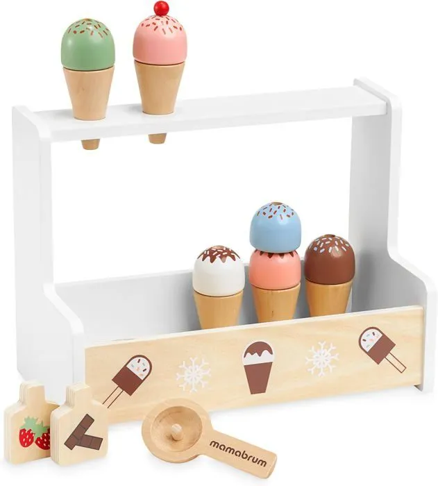 Marchand de Glace Enfant en Bois - Jouet d'immitation Commerçant - Mamabrum- Stand de crème glacée- 6 boules et accessoires- CE-1