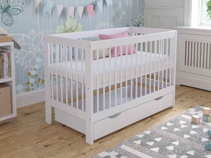 Lit Bebe Evolutif avec tiroir en Bois Pin Blanc 120x60cm, Transformable en Un Canapé-lit avec Une Barrière de Sécurité-1
