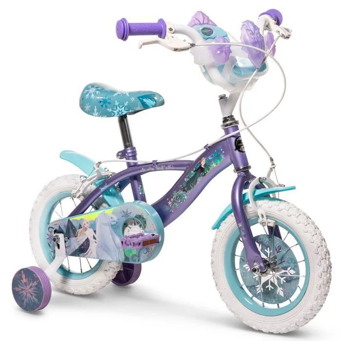 Vélo Enfant Disney - Reine Des Neiges - Roues 12" - Age 3-5 ans - 2 Freins - Stabilisateurs - Garde-Boue - Bleu - Produit HUFFY-0