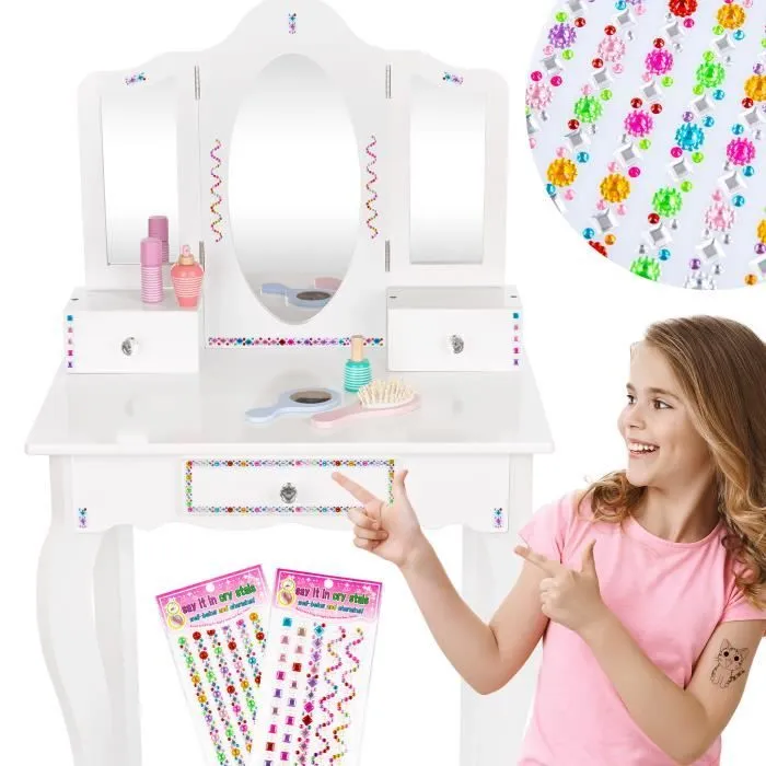 Coiffeuse pour Filles - Kinderplay - Grande avec Miroir et Tabouret - Blanc et Rose - Accessoires Inclus-3