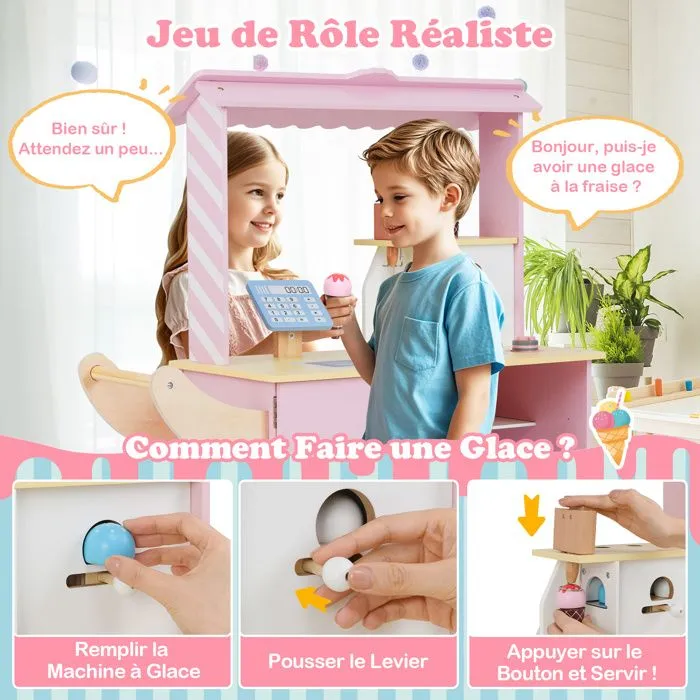 COSTWAY Chariot à Glaces Enfant Marchande Desserts 15 Accessoires, Caisse avec Écran et Scanner, Distributeur Automatique, Rose-2