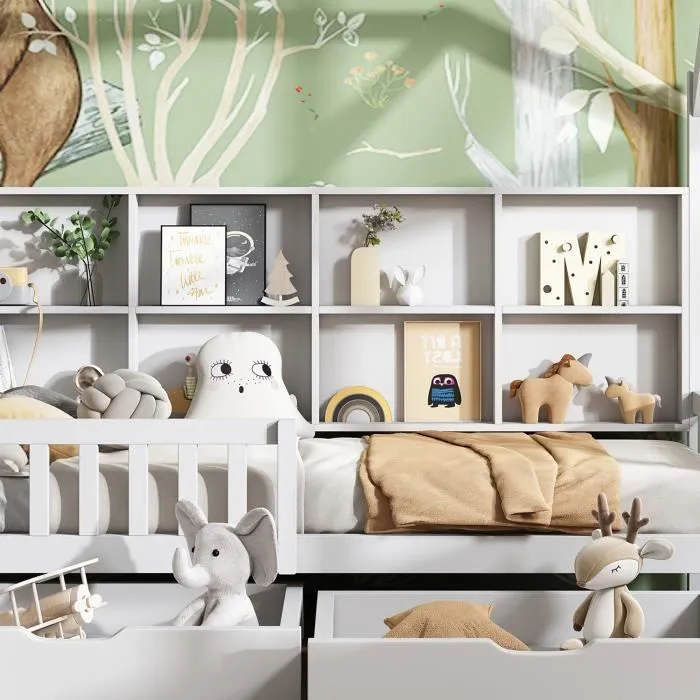 Lit cabane 90 x 200 cm pour enfant ou bébé avec étagère de rangement bibliothèque et 2 tiroirs, Sommier à lattes inlcus, Blanc-1