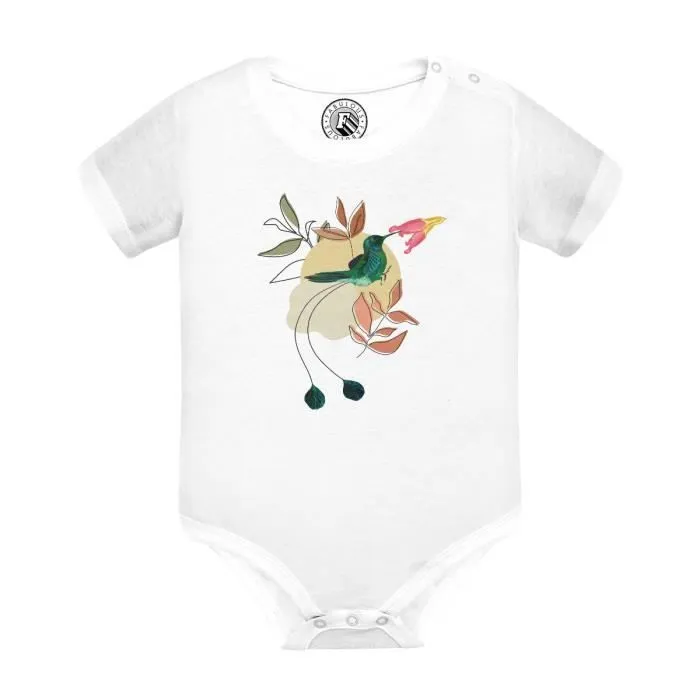 Body Bébé Manche Courte Blanc Colibri Fleurs Tropical Exotique Jungle Amazonnie-0
