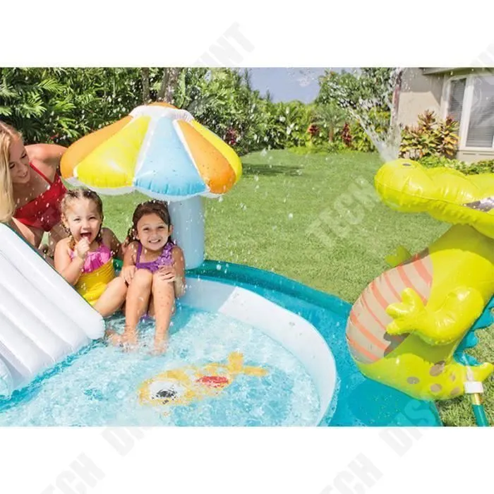 TD® Piscine pour enfant Gonflable -Aire de Jeux aquatique Alligator-Crocodile - 203 x 173 x 89 cm - Bleu et Jaune-2