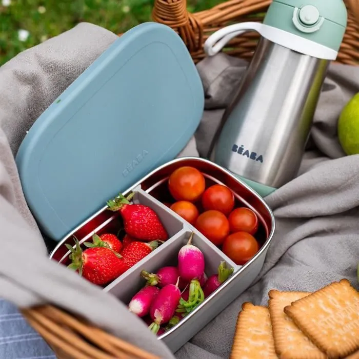BEABA, Boîte repas enfant en inox, couvercle en silicone et housse de protection, Gris velours et bleu-7