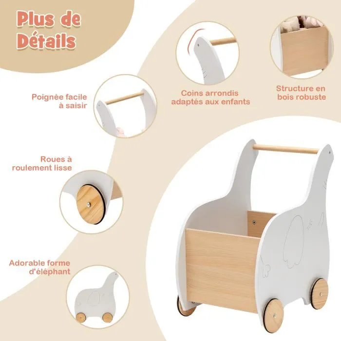 COSTWAY Chariot de Marche pour Enfant Caddie 2-en-1 Utilisation comme Trotteur pour Bébé 1 - 3 Ans, Roues en Caoutchouc Blanc-1