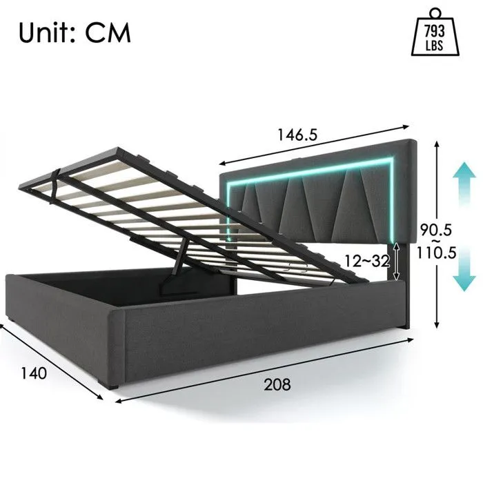 ModernLuxe Lit coffre rembourré 140x200cm avec LED et Port de charge USB et Type-C - tissu en lin - sommier à lattes - Gris-3