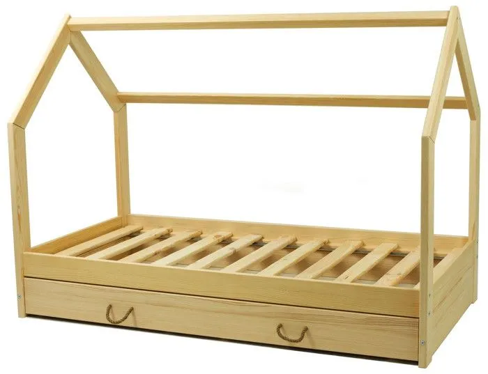 Lit Maison en bois naturel style scandinave avec Tiroir de Rangement (160x80cm) : Confort et Fonctionnalité Réunis - Bois-0