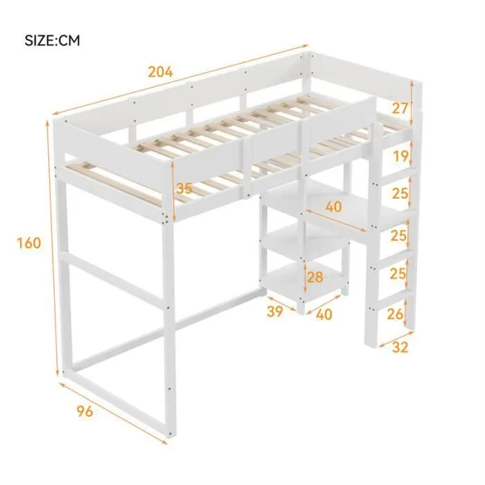 Lit mezzanine 90x200cm - lit enfant en pin massif avec sommier à lattes, échelle et étagères de rangement - blanc-3