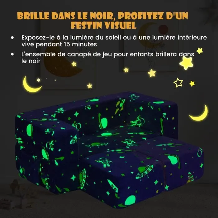 COSTWAY Canapé Enfants Lumineux (Brillant dans le Noir) 5 en 1, Housse Amovible et Lavable Canapé Convertible pour 3 Ans+-1