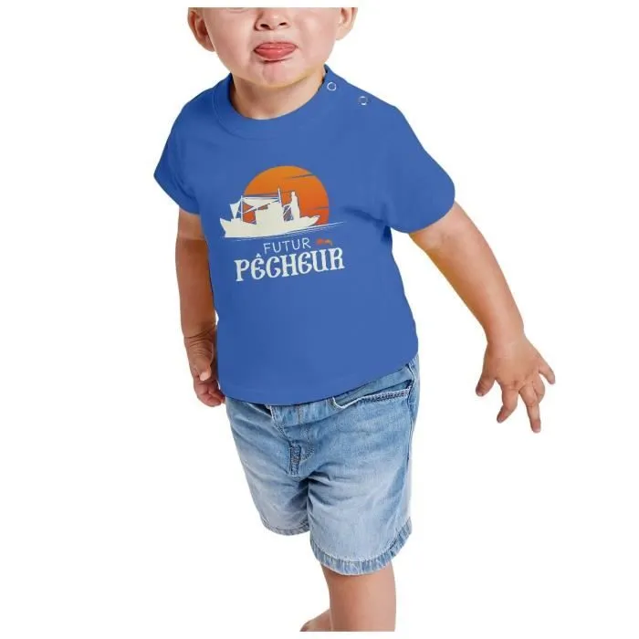 T-shirt Bébé Manche Courte Bleu Futur Pêcheur Métier Marin Poisson-1