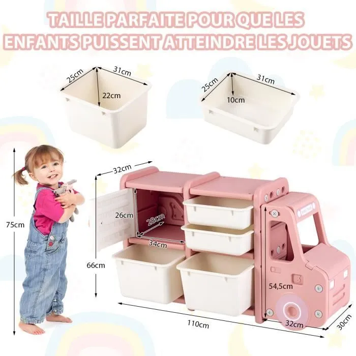 COSTWAY Meuble de Rangement Jouets pour Enfant - 2 bac, 2 tiroirs et 1 placard 110 x 32 x 66 (L x l x H) CM Rosé-3