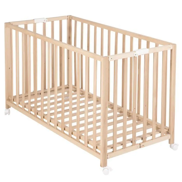 ROBA Lit Bébé Pliant 60x120 cm en Bois Massif - Fold Up - Hauteur Réglable - Roulettes à Freins - Naturel-0