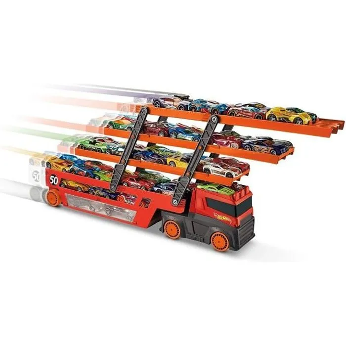 Transporteur de voitures miniatures - HOT WHEELS - Méga Transporteur - 6 étages - Interconnexion pistes oranges-0
