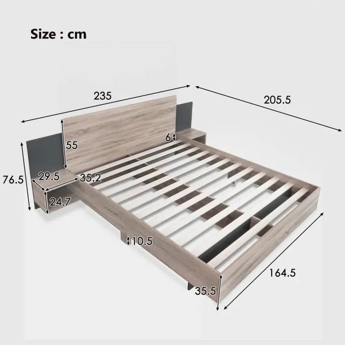 Lit adulte 160x200 cm avec 2 tables de chevet, cadre en bois, sommier à lattes, naturel-3
