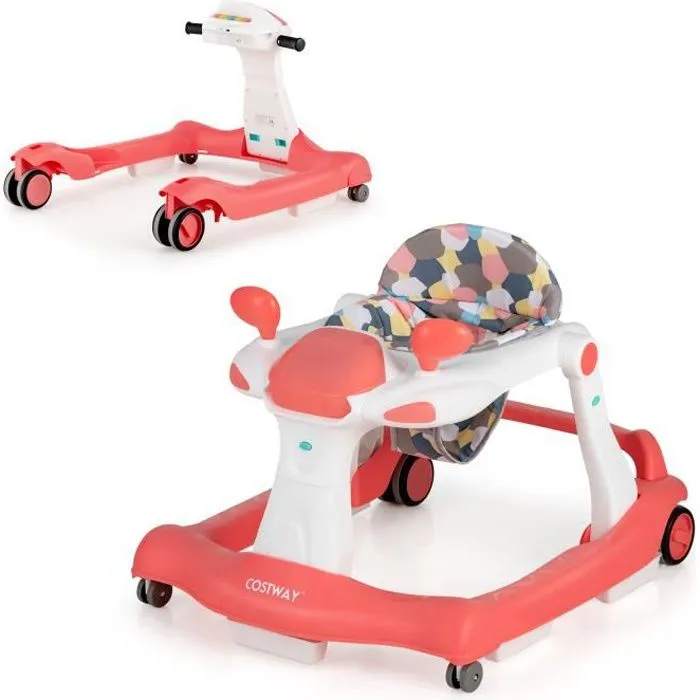 COSTWAY Trotteur Bébé Pliable Musical 2 en 1 Hauteur et Vitesse Réglables Effet Sonore avec Lumières Coussin de Siège Lavable Rose-0