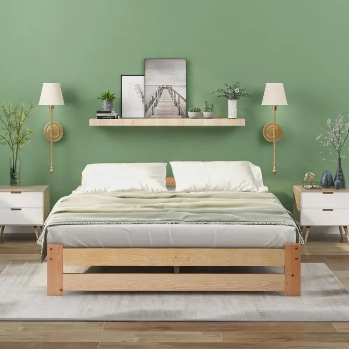 Lit double - Naturel - 140x200 cm - Bois massif - Tête de lit incluse - Montage facile-2