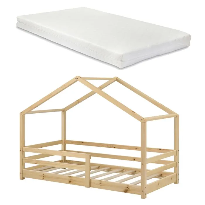 Lit Cabane Knätten avec Grille de Protection et Matelas Mousse à Froid 200 x 90 cm Naturel-1