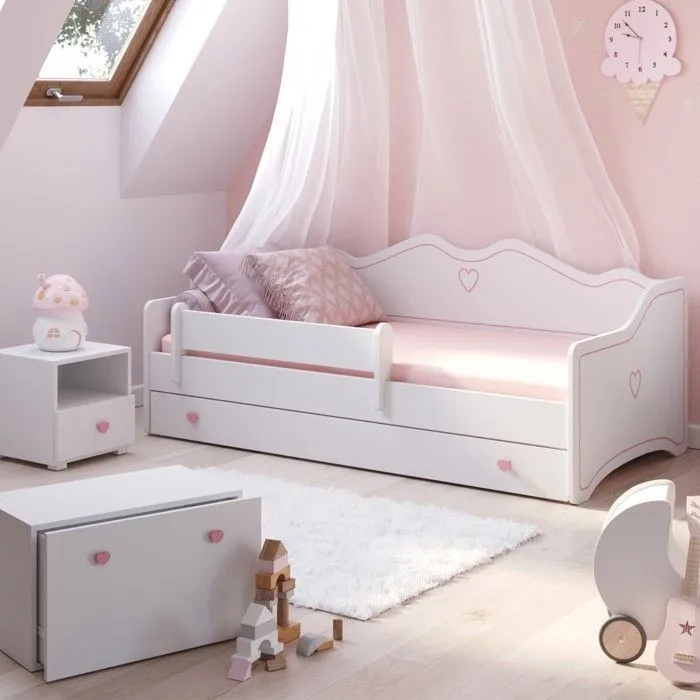 Lit enfant - EMMA - 70x140 - Blanc/rose - Avec matelas, sommier et tiroir-0