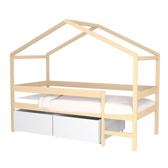 Lit cabane - MIKA - 90x190 - Bois massif - 2 tiroirs - Naturel & blanc-1