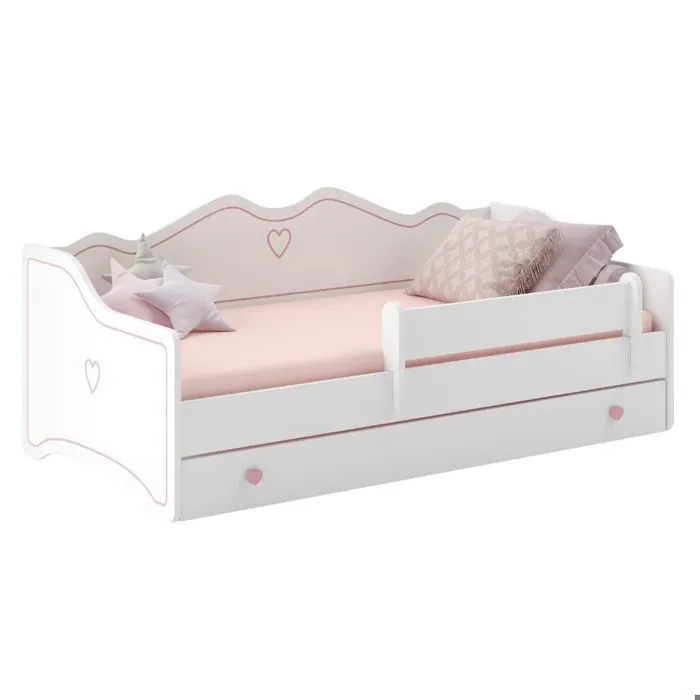 Lit enfant pour une fille Emma  80x160 avec matelas + sommier + tiroir en blanc/rose-3