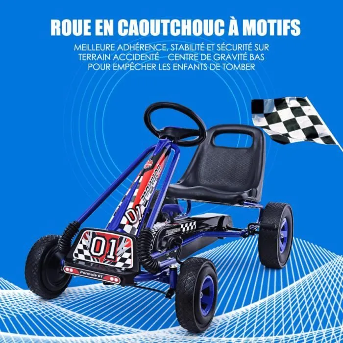 Kart à Pédales en Métal 1 Place Bleu avec Roues en Caoutchouc 101 x 61 x 62CM Convient pour 3 à 8 ans Go Karting Enfant-0