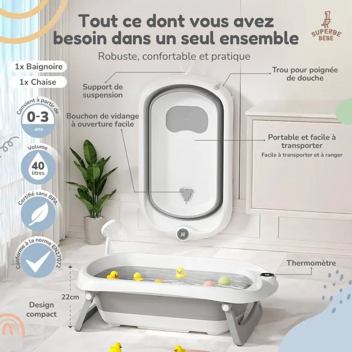 Baignoire bébé pliable - Thermomètre et transat inclus - LEAF - Grey | SUPERBE BEBE-1