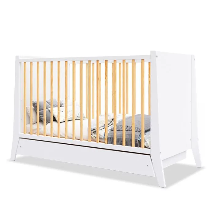 Lit bébé évolutif avec tiroir Timeo 60x120 cm (matelas non inclus) | Blanc & bois-0