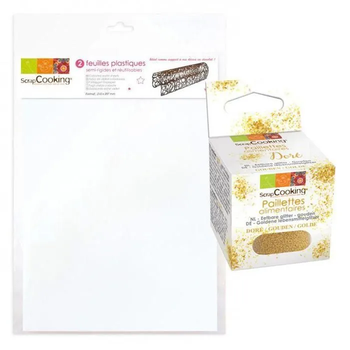 2 feuilles plastique semi-rigides à pâtisserie A4 + paillettes dorées-0