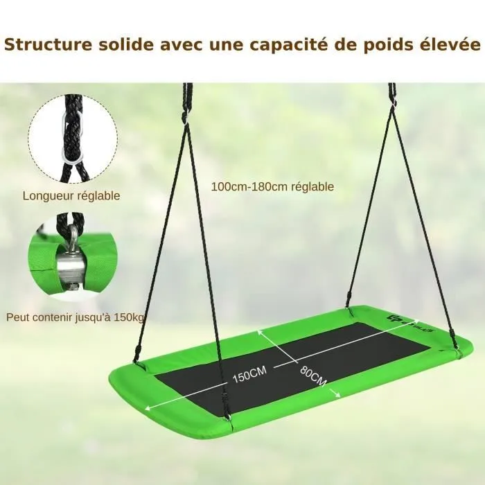 COSTWAY Balançoire Nid Extérieur en Plate-forme-en Tissu Oxford-Cordes de Suspension Hauteur Réglable 100-180CM-Charge 150KG-Vert-3