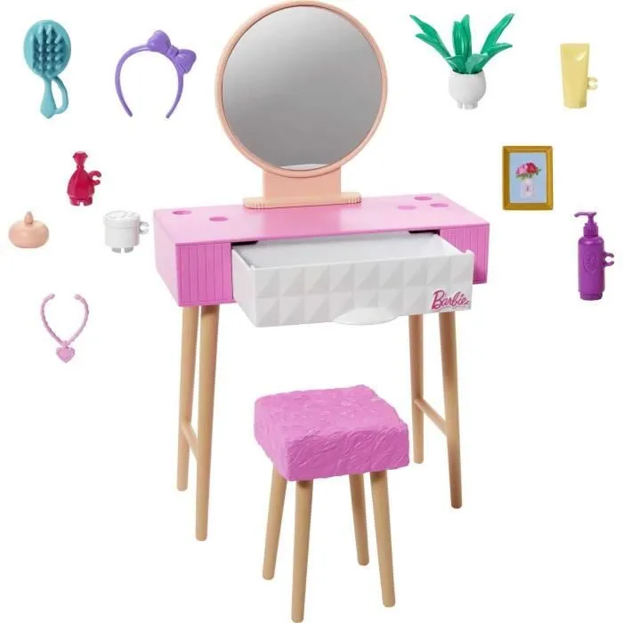 Mobilier Barbie - HJV35 - Maison de poupée - Vanité, Miroir, Tabouret - Blanc-1