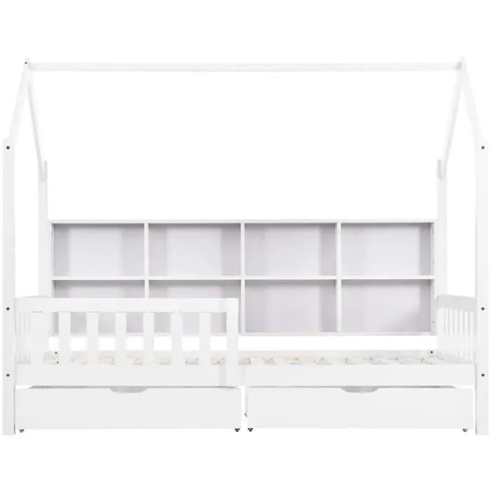 Lit d'enfant - Scandinave - 90x200 cm - Bois massif - Bibliothèque intégrée - 2 tiroirs-2