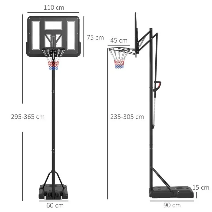 Panier de basket SPORTNOW sur pied hauteur réglable de 2,35m à 3,05m avec roulettes, panneau arrière solide, Base de Lestage-3