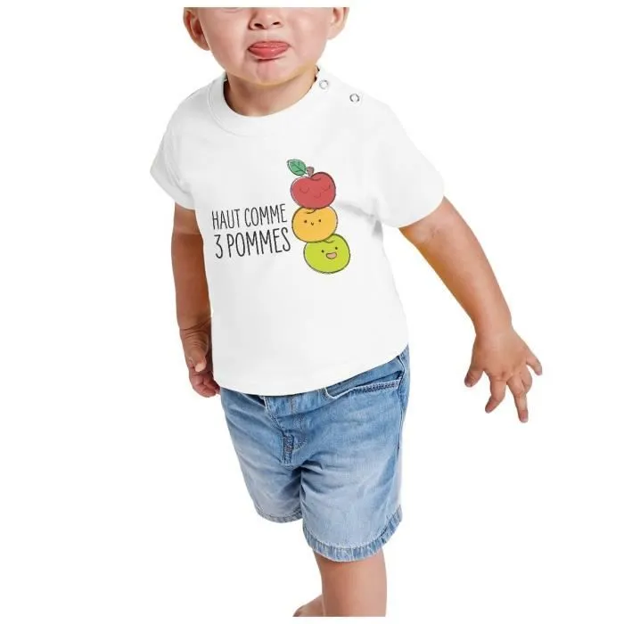 T-shirt Bébé Manche Courte Blanc Haut comme 3 Pommes Expression Fruits Enfant-1