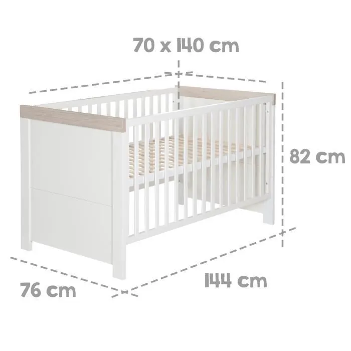 ROBA Lit Bébé Évolutif 70x140 cm - Lucy - Hauteur Ajustable à 3 Niveaux - Convertible en Lit Junior - Blanc Canadien / Effet Bois-2