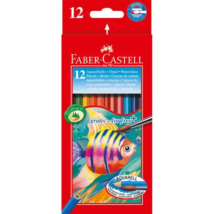 Crayons aquarellables - FABER-CASTELL - 12 pièces - Coloris assortis - Mine résistante - Pinceau inclus-0