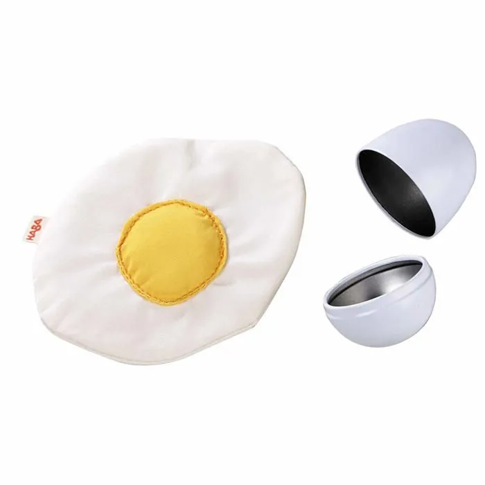 Dinette - cuisine Haba - HA-285 - 1528 - OEuf sur Le Plat - dans une coquille metallique Nourriture de jeu en peluche lavable-0