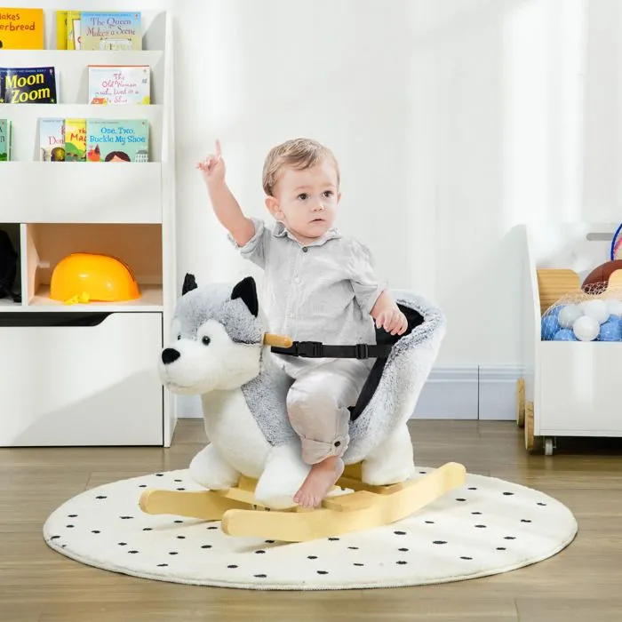 Husky à bascule pour enfants HOMCOM cheval à bascule jouet à bascule bébé 18-36 mois - musique, poignées et ceinture de sécurité-1
