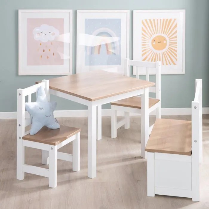 ROBA Ensemble Table + 2 Chaises Enfants Woody - Table de Jeu et d'Apprentissage - Résistants aux Rayures - Blanc / Décor Bois-1