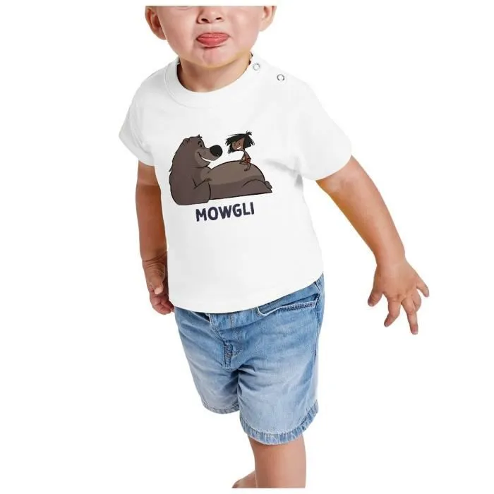 T-shirt Bébé Manche Courte Blanc Mowgli Enfant Héros Nature Jungle-1